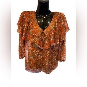 Established 1946 Medium All Over Flower Print Burnt Orange V Neck Sheer Top